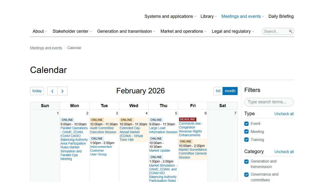 Calendar California ISO
