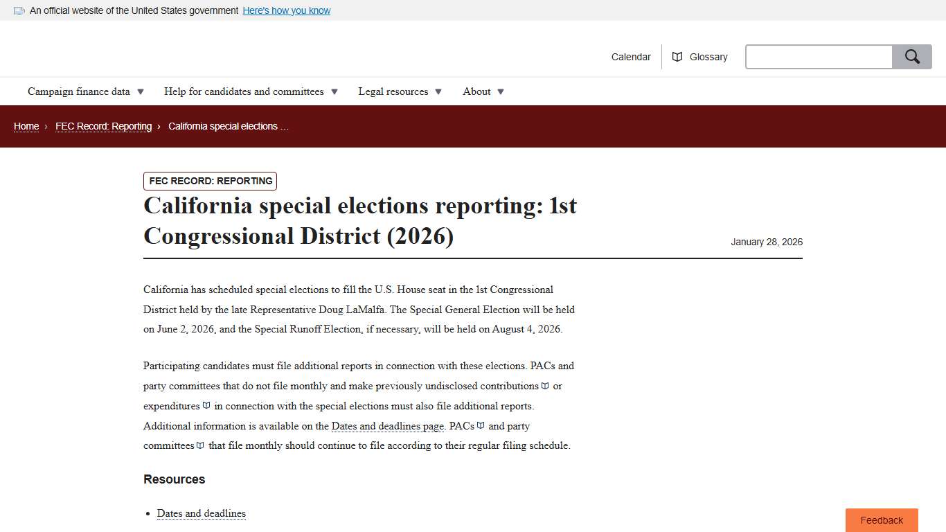 FEC Record Reporting California special elections reporting: 1st Congressional District (2026)